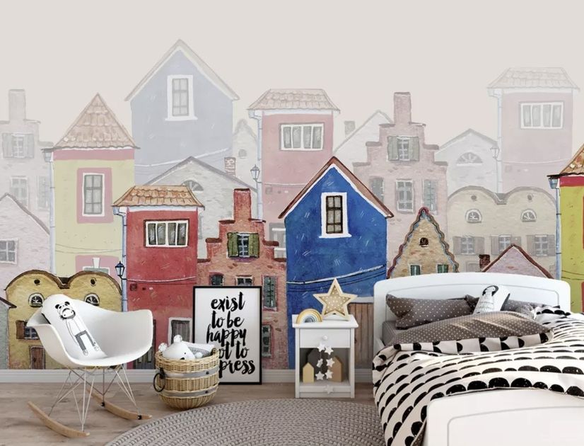 Watercolor Cartoon Town Street Wallpaper Mural