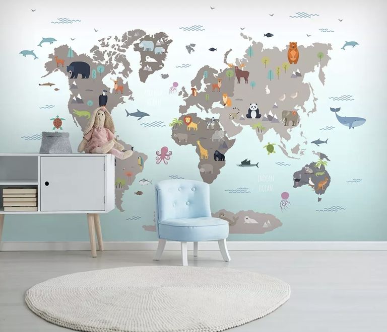 Gray Kids World Map Wallpaper Mural