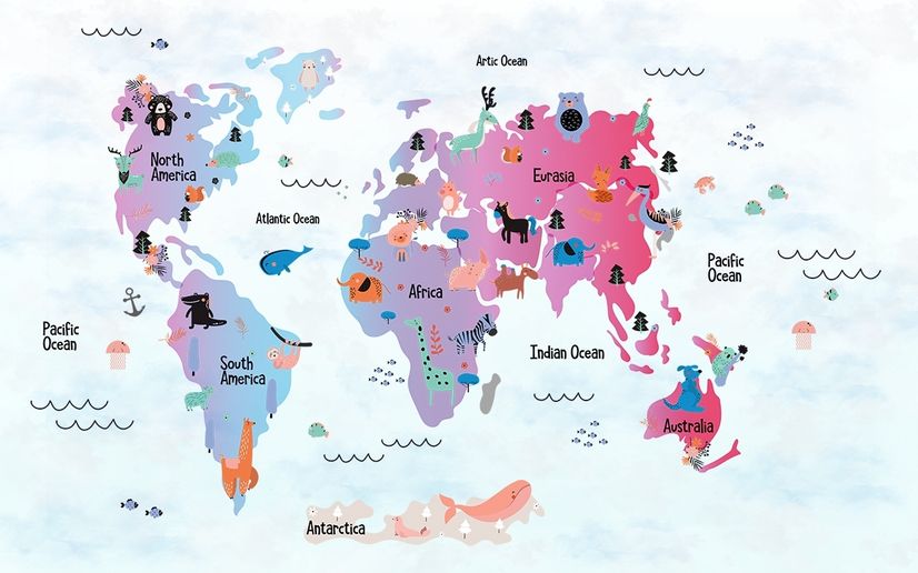 Colorful World Map with Cartoon Animals Wallpaper Mural