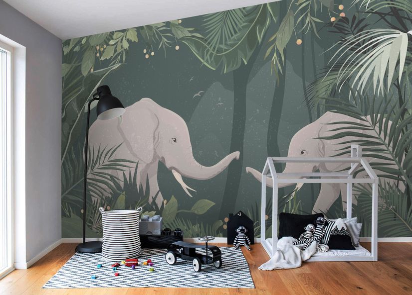 Cute Elephants on The Tropical Jungle Kids Wallpaper Mural