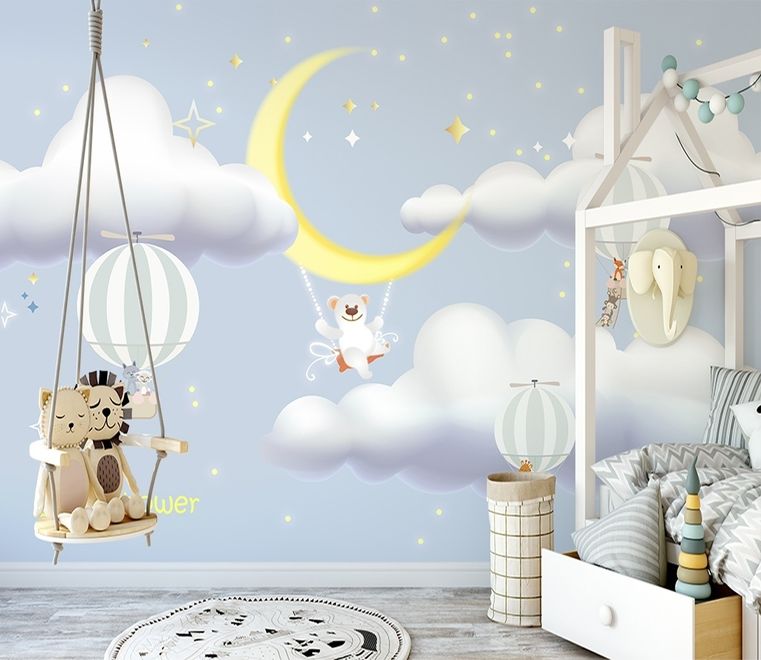 Kids Cartoon Cloud and Yellow Moon Wallpaper Mural
