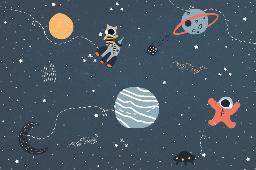 Nursery Space with Colorful Planets and Little Stars Wallpaper Mural
