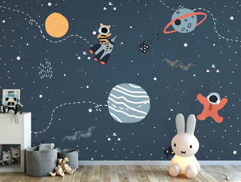 Nursery Space with Colorful Planets and Little Stars Wallpaper Mural