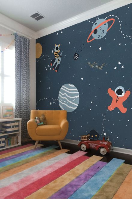 Nursery Space with Colorful Planets and Little Stars Wallpaper Mural