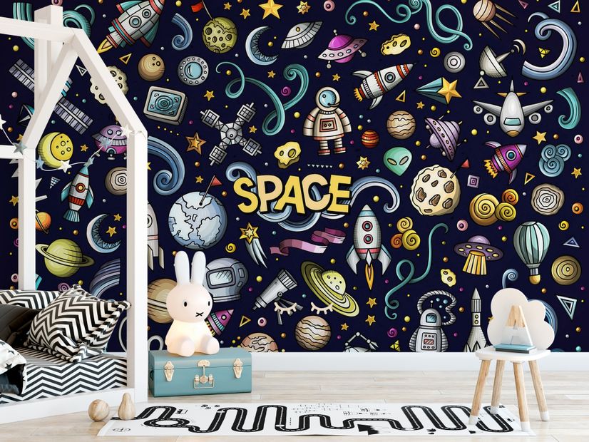 Kids Cartoon Space with Astronaut and Colorful Planets Wallpaper Mural