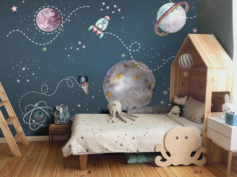 Kids Shining Space with Watercolor Bear Astronaut Wallpaper Mural