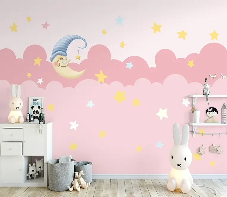 Kids Girls Pink Night with Sleeping Moon Wallpaper Mural