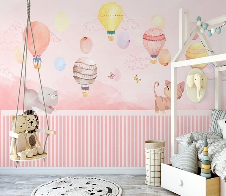 Watercolor Pink Sky with Cute Cat and Hot Air Balloon Wallpaper Mural