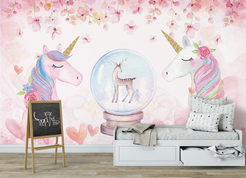 Kids Girls Unicorn with Pink Florals Wallpaper Mural • Wallmur®