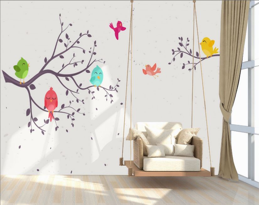 Kids Cartoon Tree with Colorful Singing Birds Wallpaper Mural
