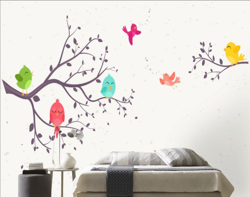 Kids Cartoon Tree with Colorful Singing Birds Wallpaper Mural