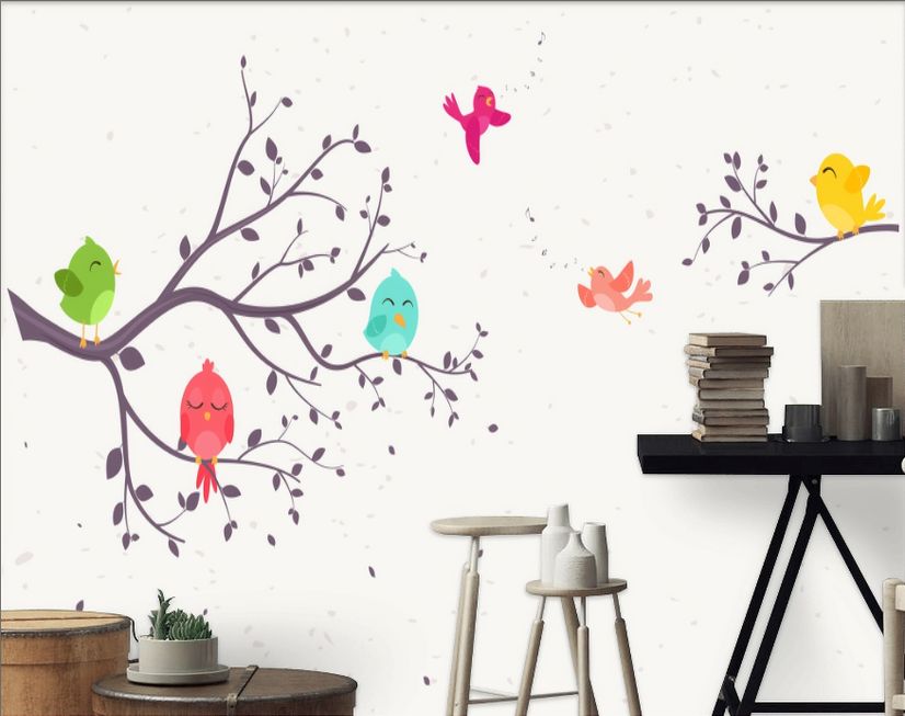 Kids Cartoon Tree with Colorful Singing Birds Wallpaper Mural