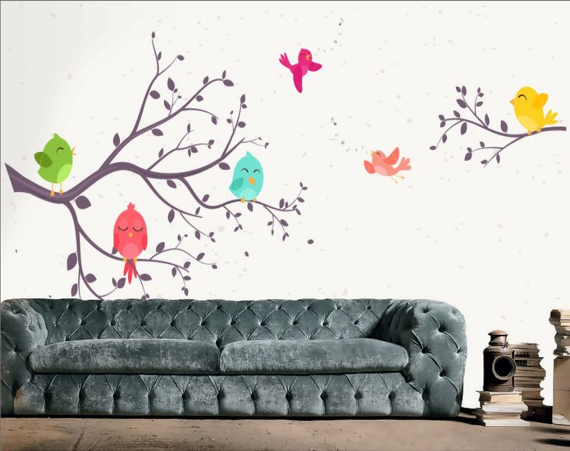 Kids Cartoon Tree with Colorful Singing Birds Wallpaper Mural