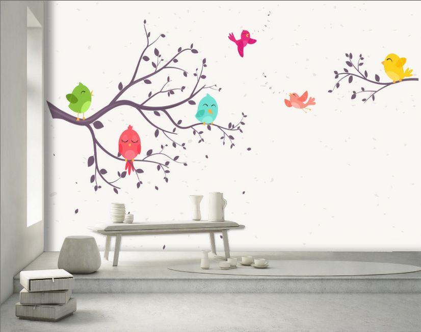 Kids Cartoon Tree with Colorful Singing Birds Wallpaper Mural