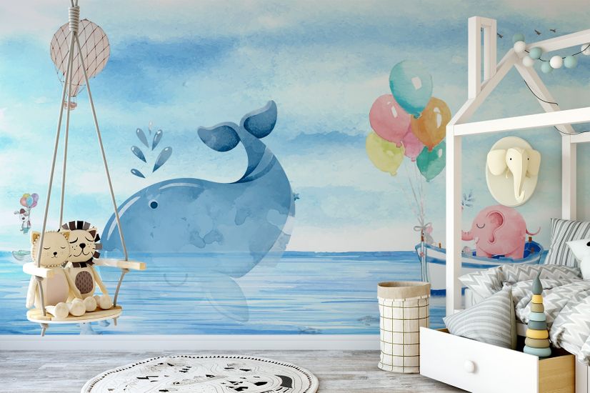 Cartoon Sea with Pink Elephant and Whales Wallpaper Mural