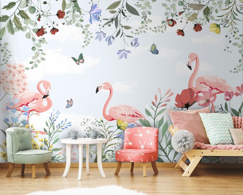 Flamingo with Colorful Floral Wallpaper Mural
