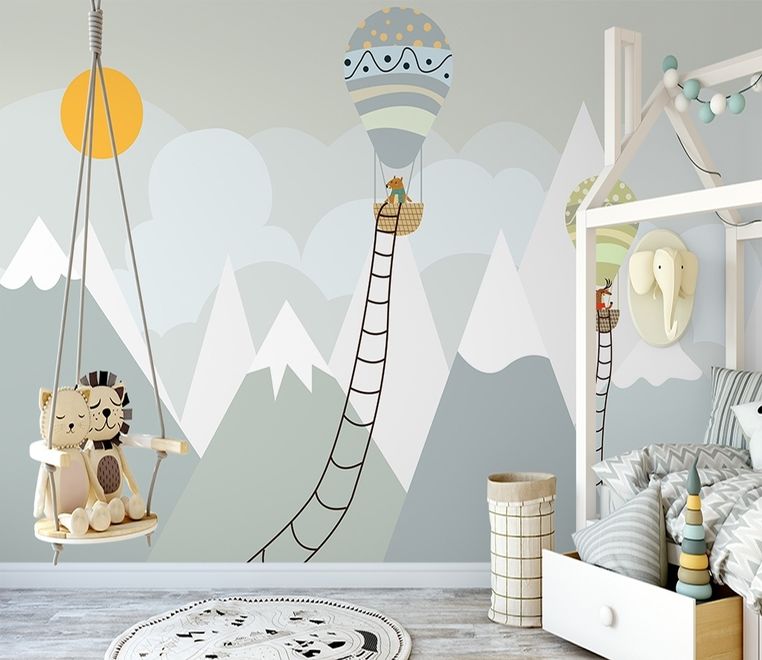 Kids Gray Mountainscape with Hot Air Balloon and Sun Wallpaper Mural