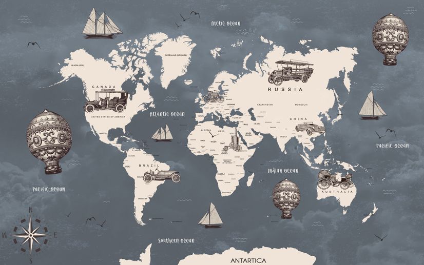 Kids Gray World Maps with Vintage Hot Air Balloon and Cars Wallpaper Mural
