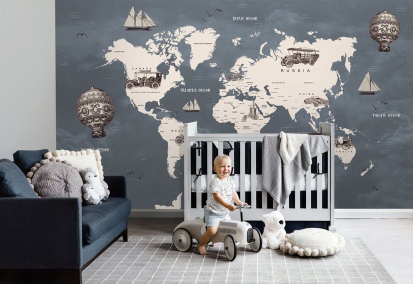 Kids Gray World Maps with Vintage Hot Air Balloon and Cars Wallpaper Mural