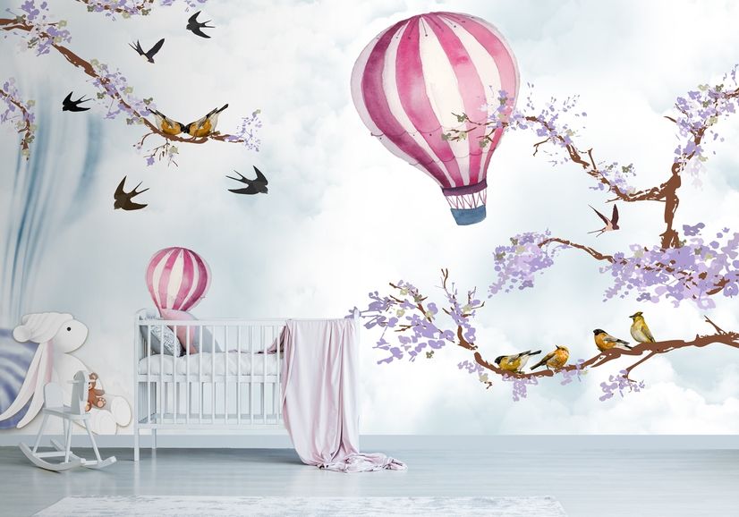 Kids Hot Air Balloon with Purple Blossom Wallpaper Mural
