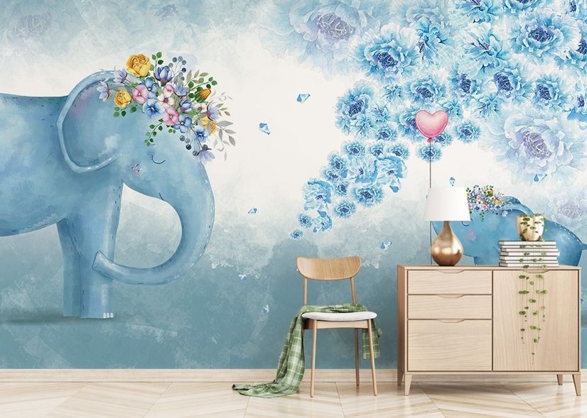 Cartoon Blue Elephant Wallpaper Mural