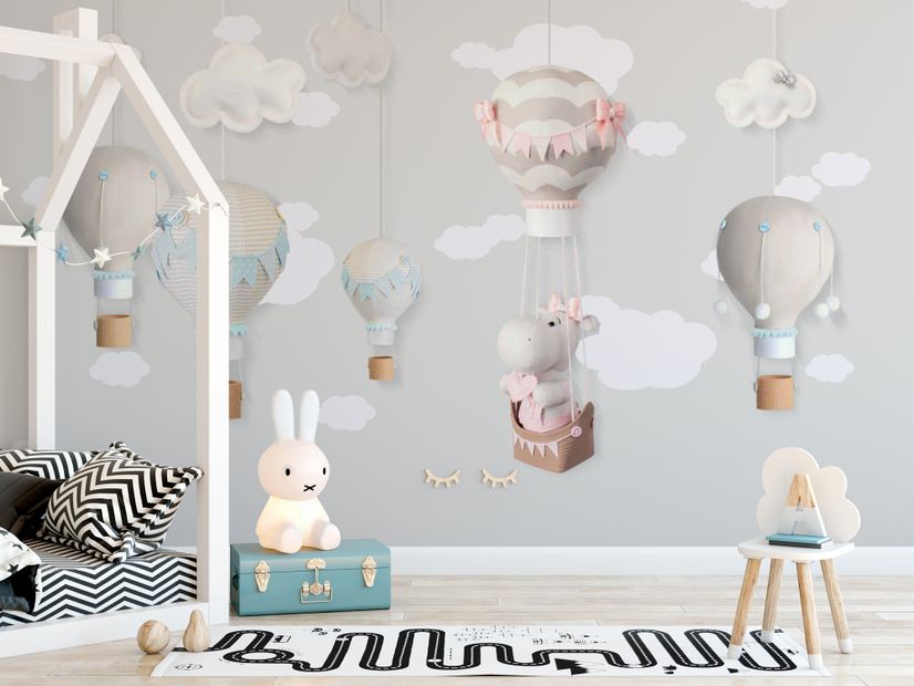 Little Hot Air Balloons with Clouds Wallpaper Mural