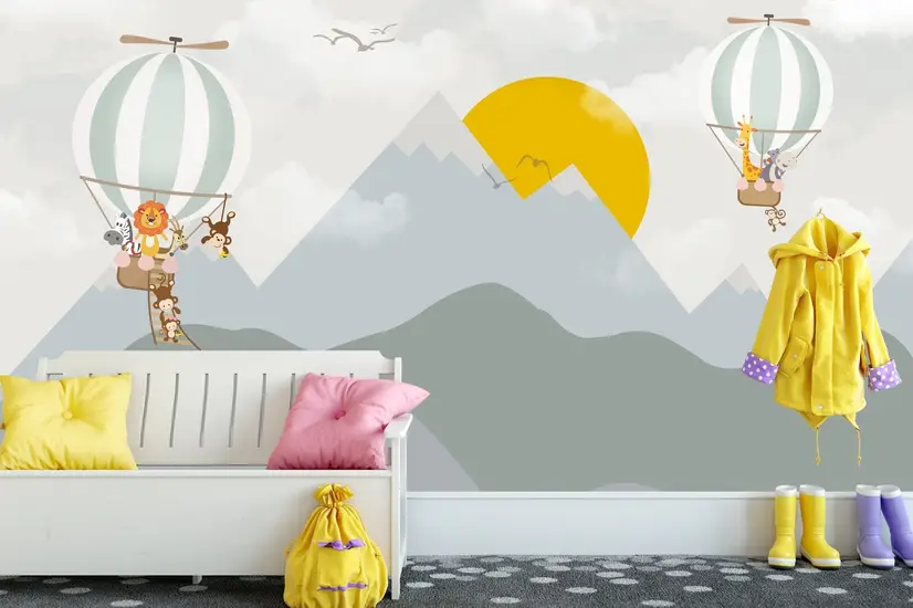 Kids Nursery Mountain Landscape with Hot Air Balloon Wallpaper Mural