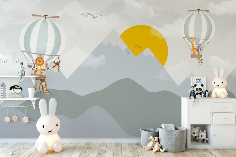 Simple Modern Mountains With Hot Balloons Nursery Wallpaper Wall