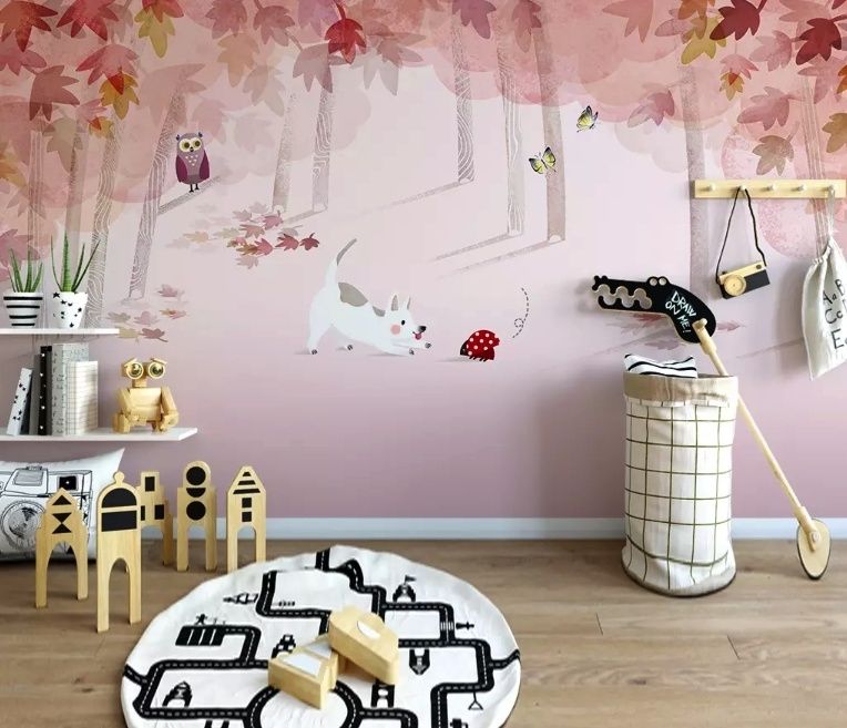 Pink Forest with Cats and Owl Wallpaper Mural