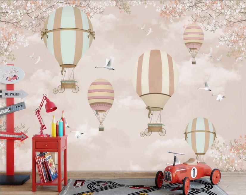 Kids Pink Hot Air Balloon and Cherry Blossom Wallpaper Mural • Wallmur®