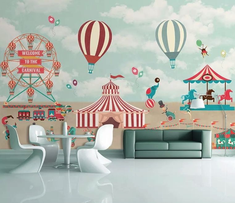 Red Circus with Hot Air Balloon Wallpaper Mural