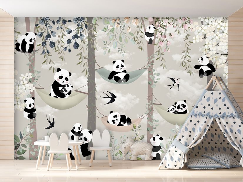 Nursery Panda Bear on Hammock Trees Wallpaper Mural • Wallmur®