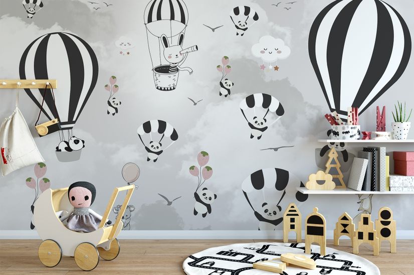 Hot Air Balloon with Cartoons Animals Kids Nursery Wallpaper Mural