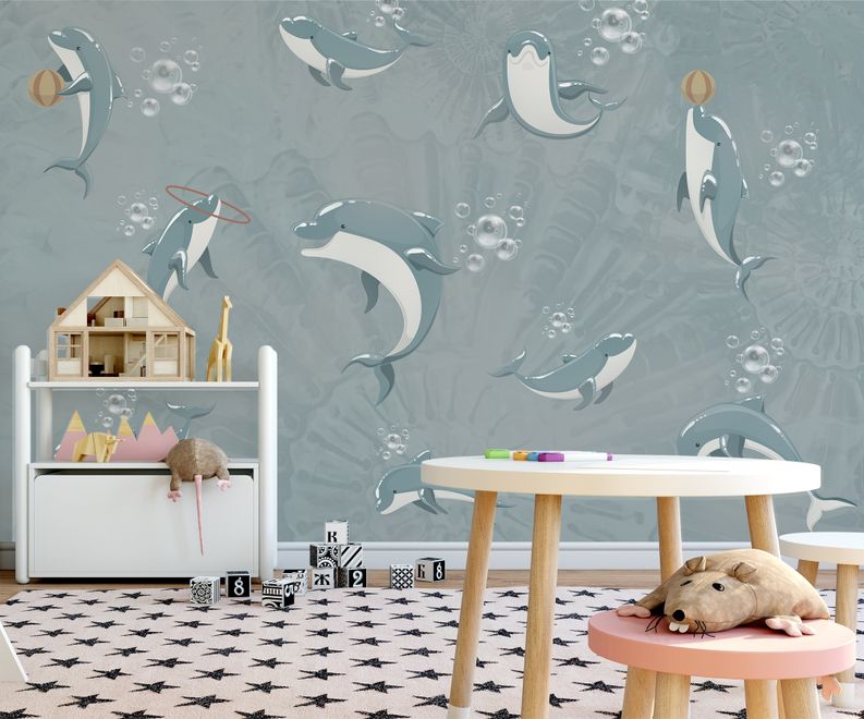 Playing Dolphin Nursery Wallpaper Mural