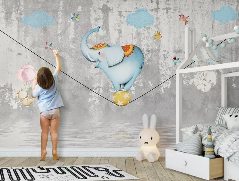 Slackline with Cartoon Elephant on the Ball Wallpaper Mural