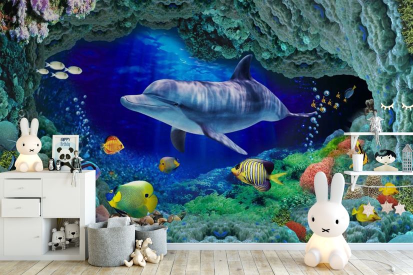 3D Look Undersea with Colorful Fish Wallpaper Mural