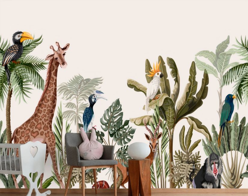 Watercolor Jungle and Safari Animals Wallpaper Mural