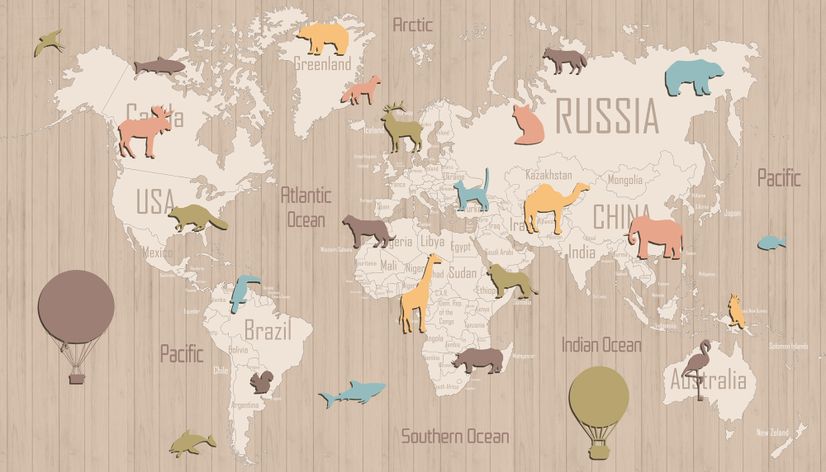 Kids Wooden Style World Map with Colorful Animal Silhouette Wallpaper Mural
