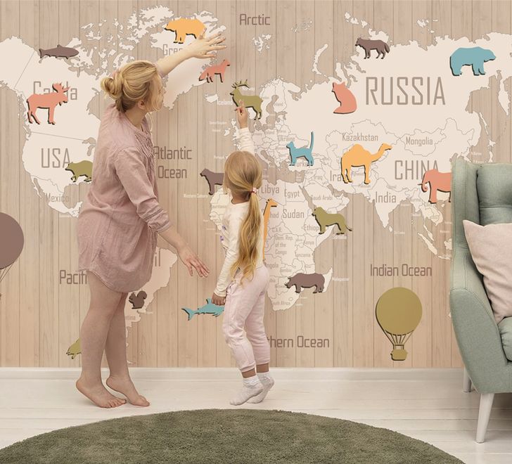 Kids Wooden Style World Map with Colorful Animal Silhouette Wallpaper Mural