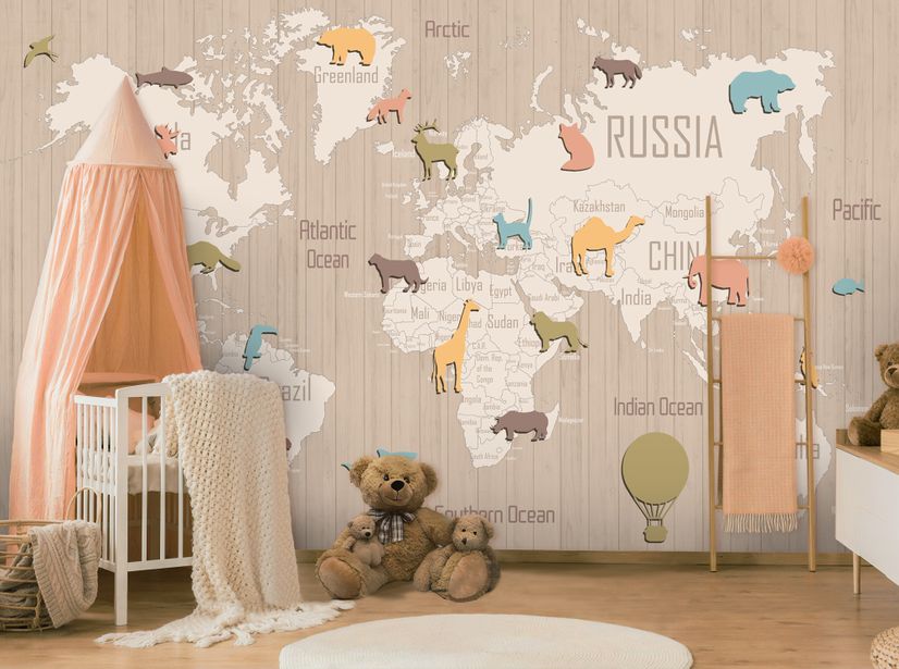 Kids Wooden Style World Map with Colorful Animal Silhouette Wallpaper Mural