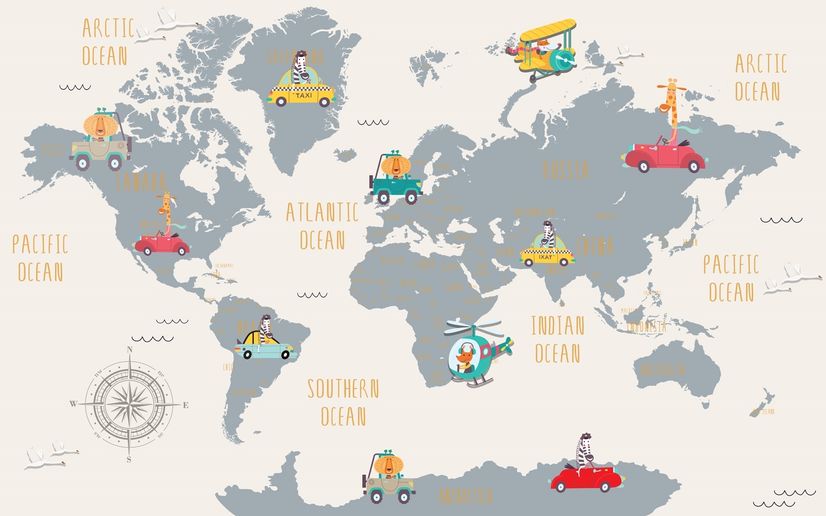 Kids World Map with Little Cars Wallpaper Mural