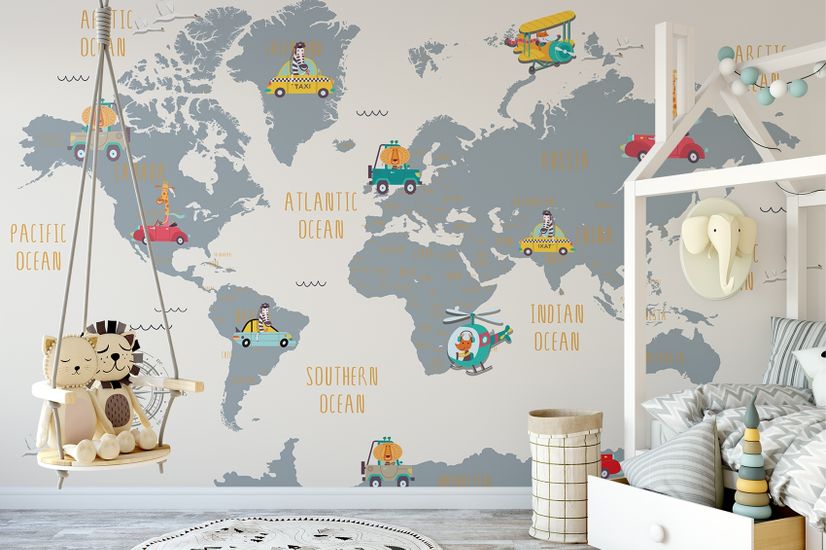 Kids World Map with Little Cars Wallpaper Mural