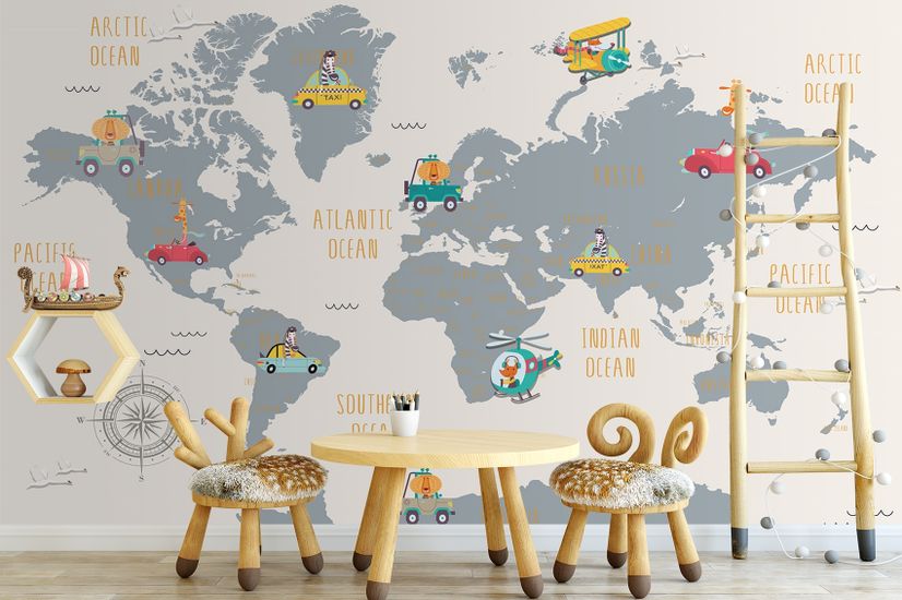 Kids World Map with Little Cars Wallpaper Mural
