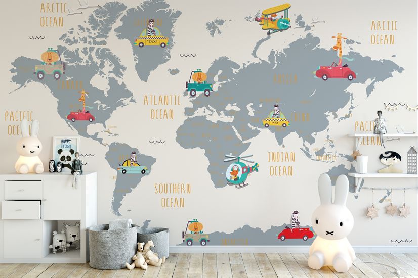 Kids World Map with Little Cars Wallpaper Mural