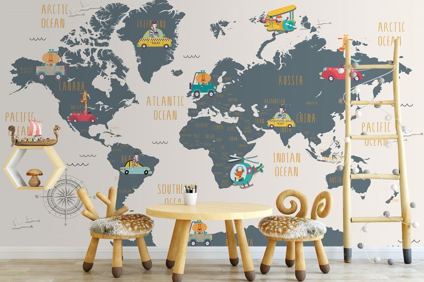 Kids World Map with Animals and Little Cars Wallpaper Mural