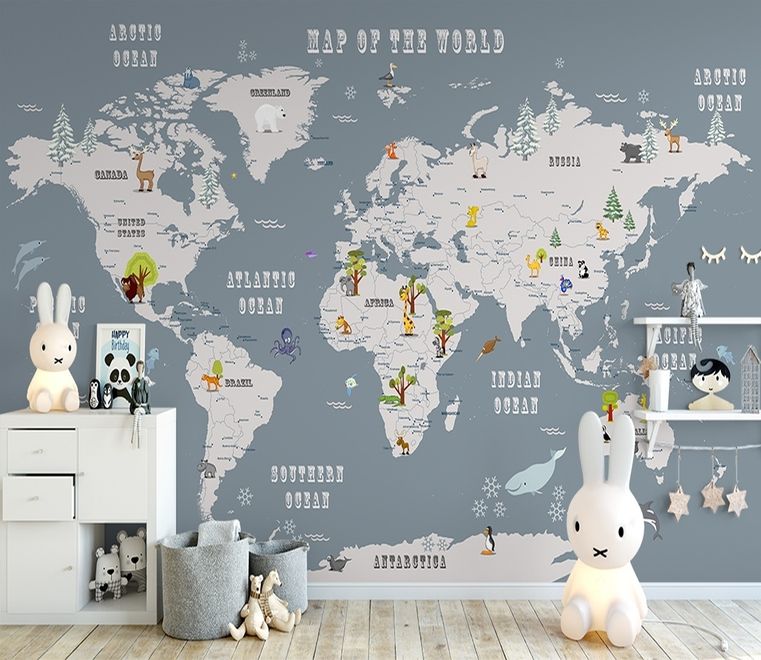 Kids Boys Kids World Map with Animals Wallpaper Mural