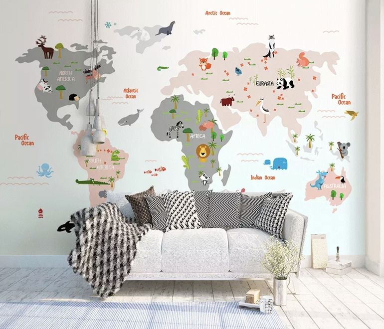 Colorful Kids World Map with Cartoon Animals Wallpaper Mural