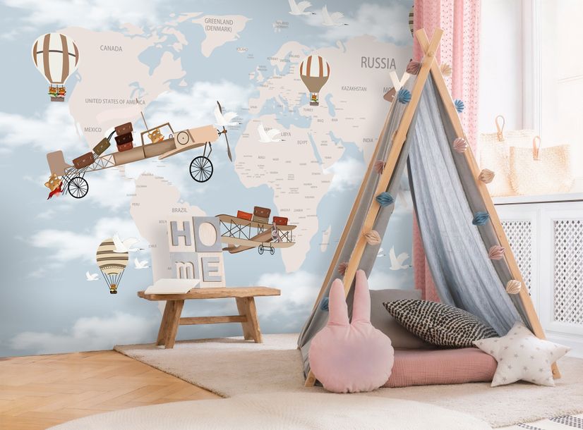 World Map with Hot Air Balloons and Helicopters Wallpaper Mural
