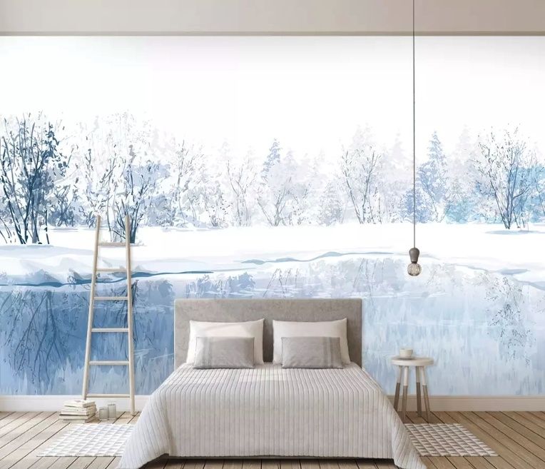 Watercolor Winter Landscape and Lake Wallpaper Mural