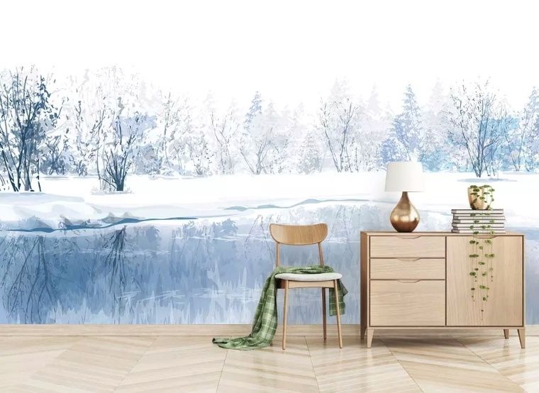 Watercolor Winter Landscape and Lake Wallpaper Mural